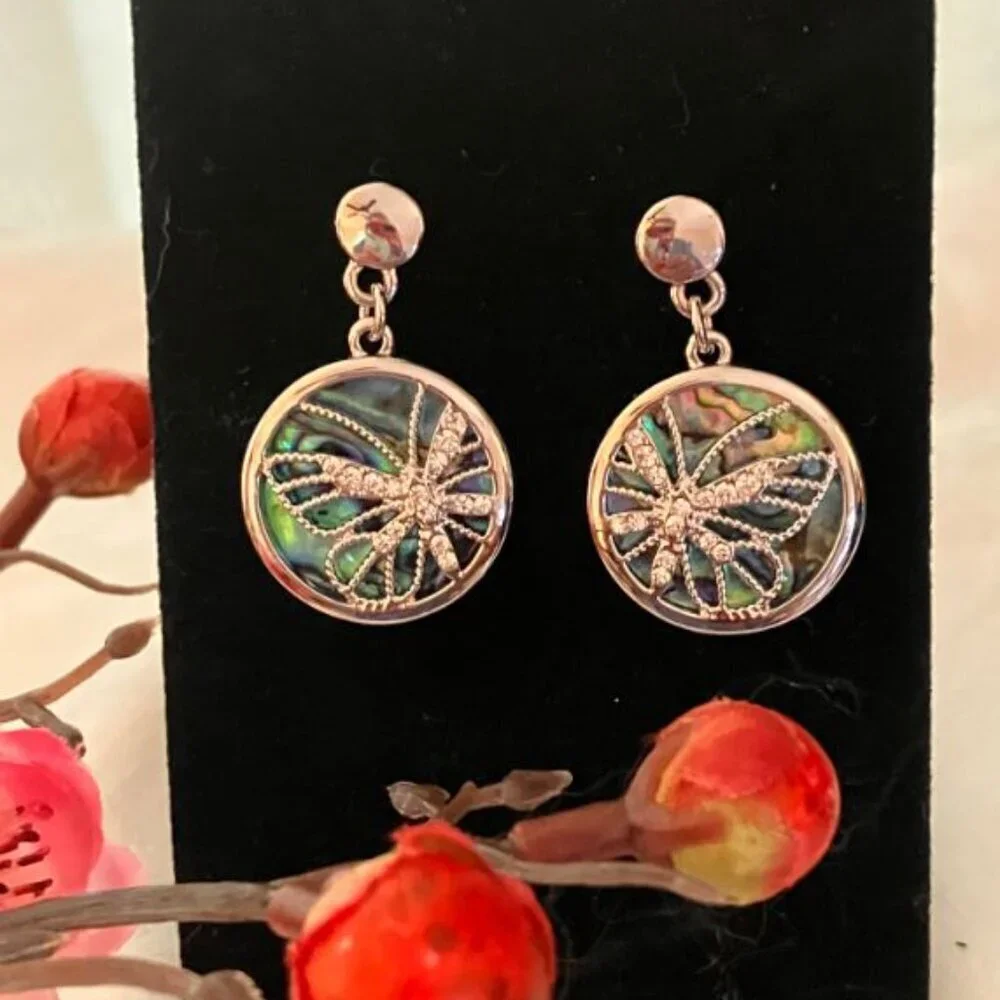 Abalone Earrings with White Sapphire Butterfly NWOT
